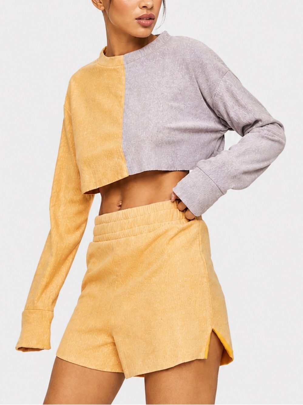 Colorblock Yellow Purple Lounge Set Cropped Sweatshirt Top Shorts Women’s Size S
